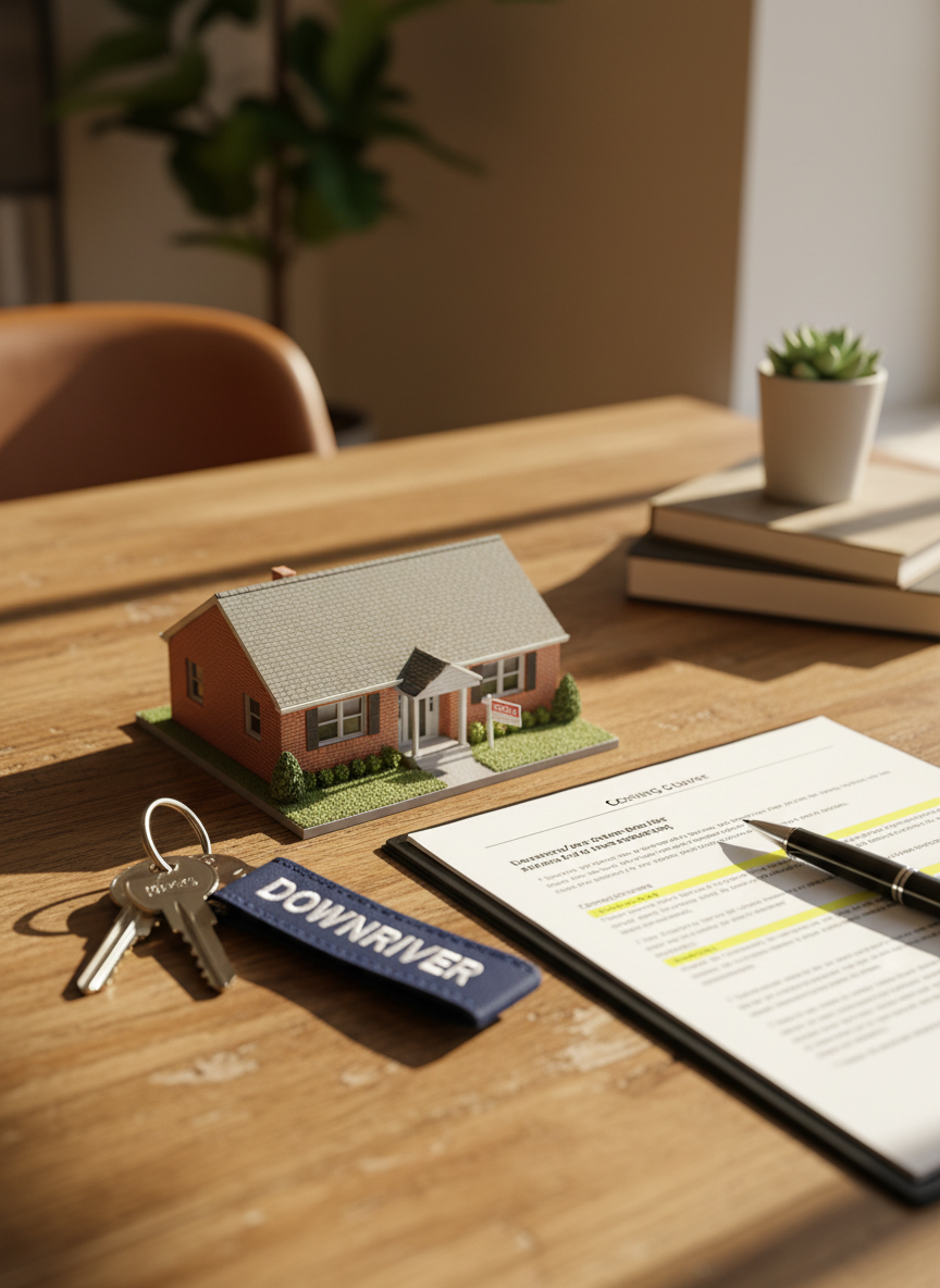 A detailed close-up of a wooden tabletop covered with real estate essentials: a miniature model of a brick ranch-style Downriver home, a set of shiny silver house keys on a navy-blue keyring labeled DOWNRIVER, and a printed closing packet with highlighted sections and a pen poised beside it. Natural daylight from an unseen nearby window casts soft, directional light across the scene, creating gentle shadows and subtle reflections on the keys. Photographic realism with a centered composition and shallow depth of field, allowing the background to blur into warm, indistinct office tones, conveying a sense of accomplishment and clarity for readers learning about the buying and closing process.