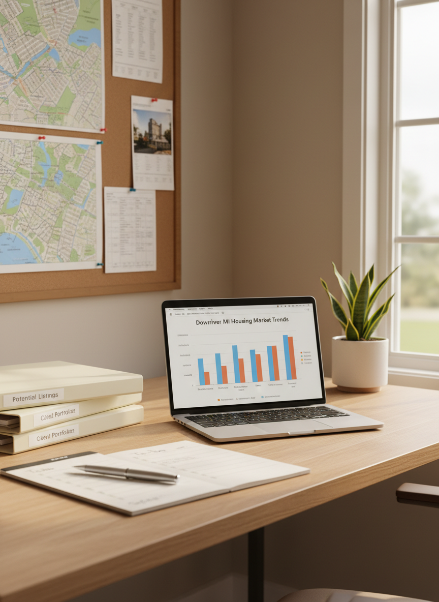 A bright, organized home office corner designed for real estate planning, featuring a sleek oak desk with a silver laptop displaying a colorful Downriver MI housing market graph, a stack of neatly arranged property folders, and a polished metal pen resting on an open notebook. A large window to the side lets in diffused morning light, illuminating a small potted plant and a corkboard with pinned neighborhood maps and printed MLS-style listings. Photographic realism at eye level, with a clean, modern aesthetic and shallow depth of field that keeps the workspace sharp while softening a neutral-toned wall in the background, evoking a professional, focused mood ideal for a real estate advice blog.