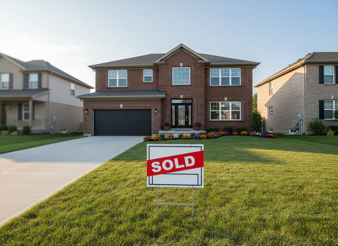 A freshly renovated suburban brick home in Downriver Michigan, with a neatly edged lawn, vibrant flower beds, and a crisp white “For Sale” yard sign in the foreground reading SOLD in bold red letters. The two-story house features a modern black front door, new windows, and a clean concrete driveway leading to a two-car garage. Captured in soft late-afternoon sunlight that casts warm, inviting shadows across the front yard, the sky a clear pale blue. Photographic realism from a slightly elevated, wide-angle perspective, with sharp focus on the property and a gentle bokeh on neighboring homes, creating a professional, trustworthy real estate atmosphere for a blog about buying and selling in the Downriver area.